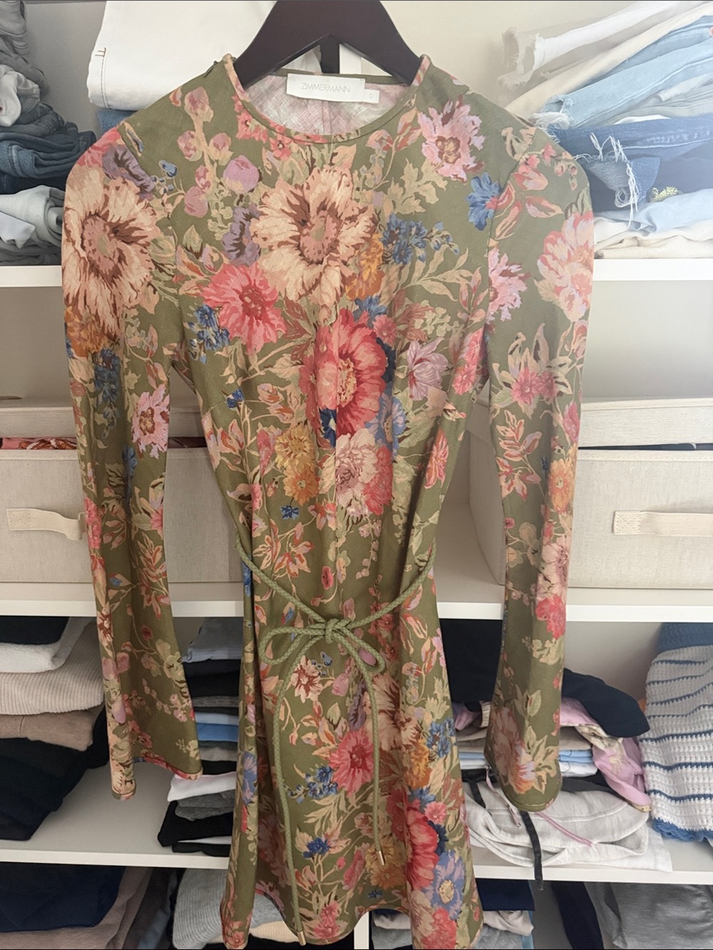 Zimmermann Olive Floral Long-Sleeve Tie-Waist Dress with Pink & Blue Blooms